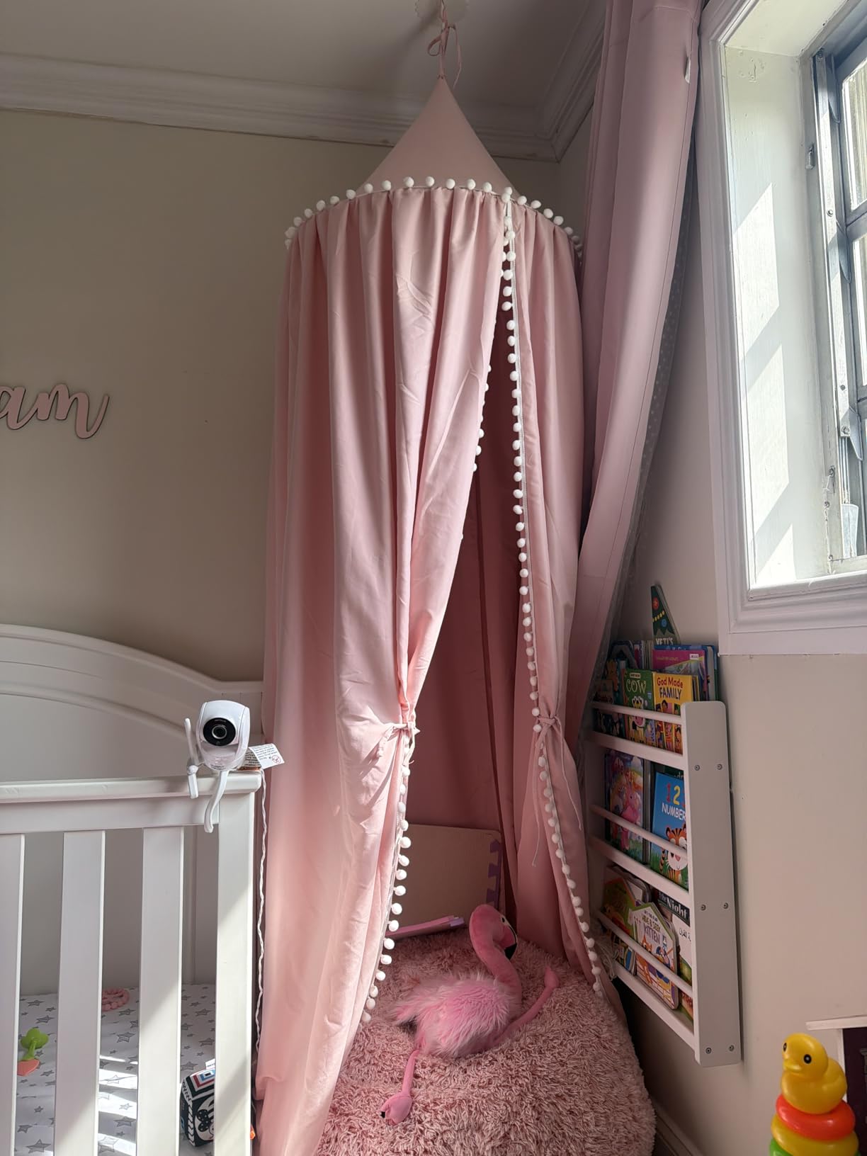 LOAOL Bed Canopy with Pom Pom Kids Reading Nook Hanging Tent (White) | Canopy for Kids Crib Baby Girl Netting Cover Canopy Crib Curtain Nursery Play Game Castle Room Decoration customer photo 2