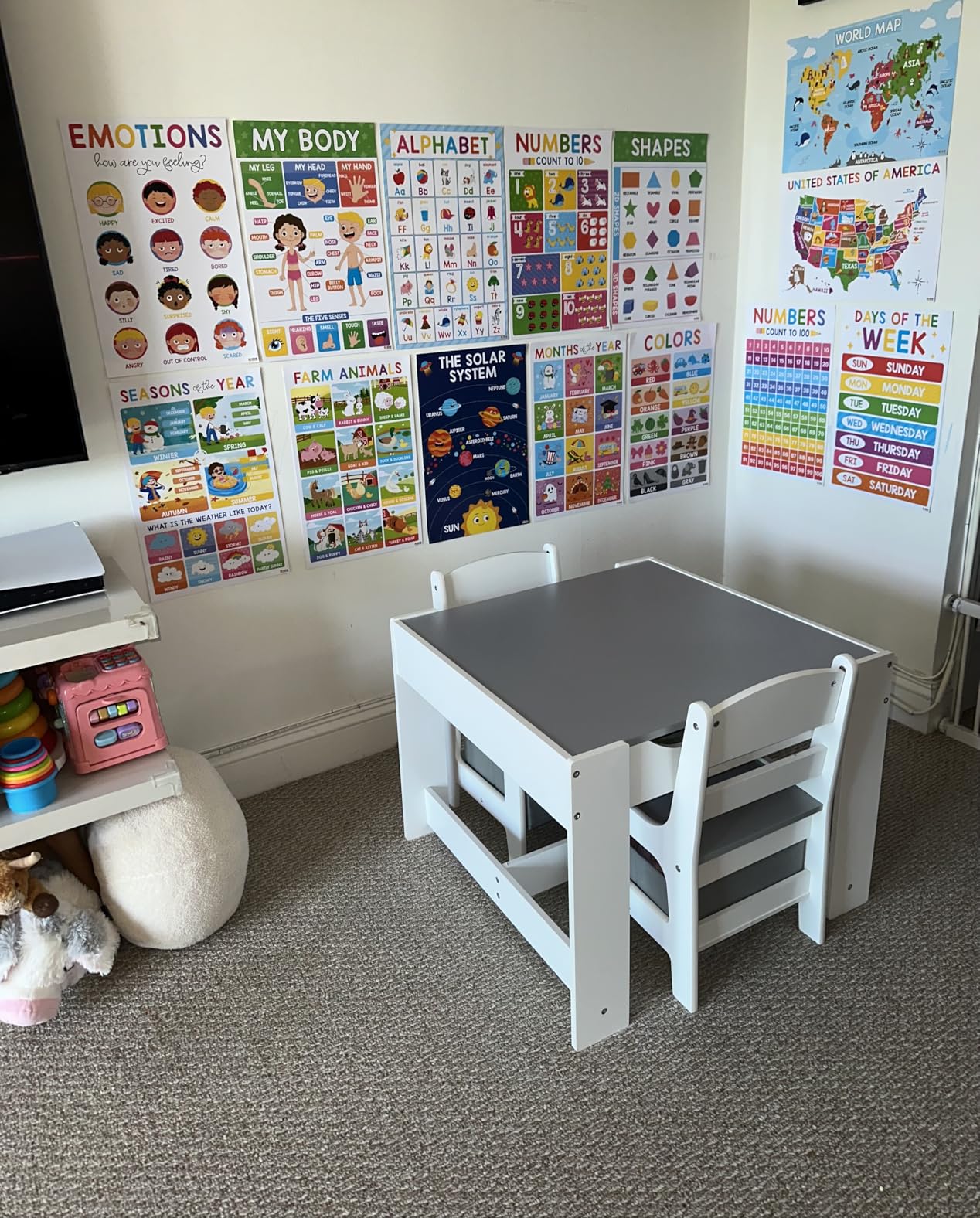 Costzon Kids Table and Chairs, 3 in 1 Art & Craft Toddler Table Set | Wooden Activity Desk Set w/ Reversible Tabletop & Multiple Storage Space, for Children Drawing, Reading, Playing (Natural) customer photo 2