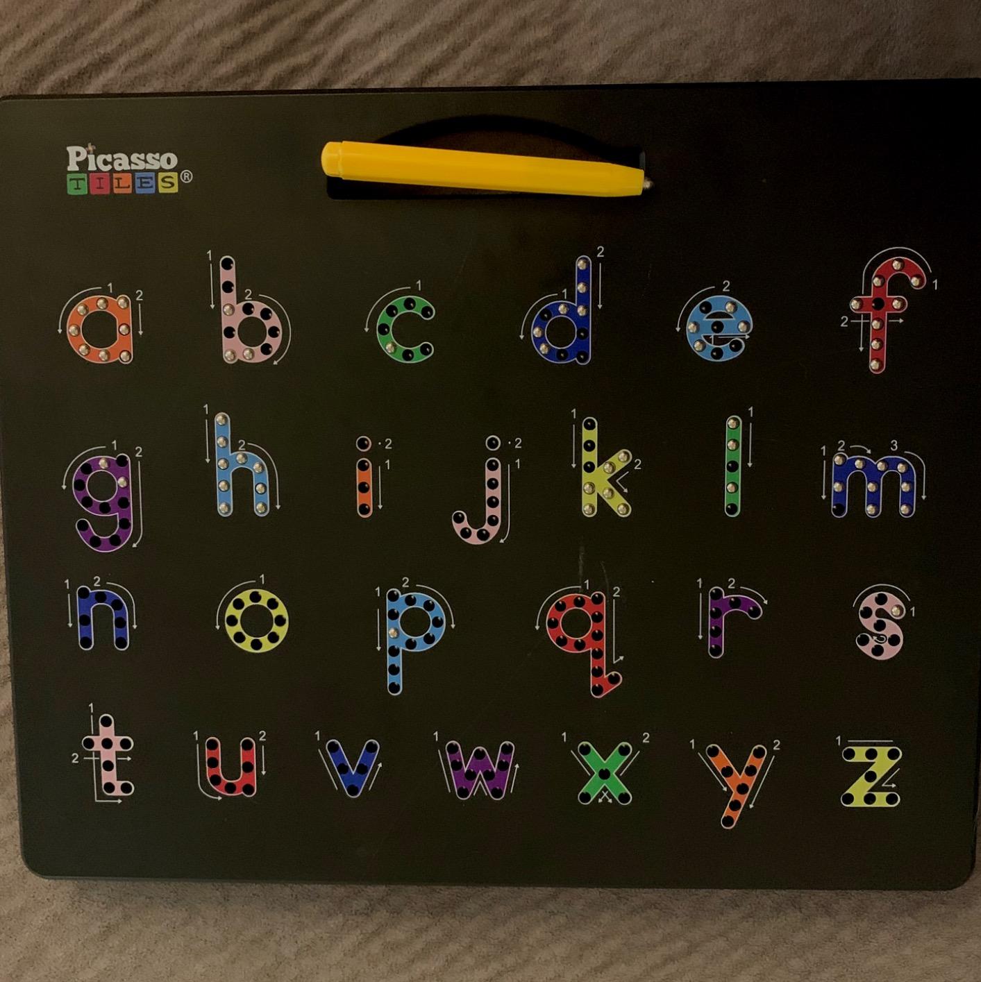 PicassoTiles Magnetic Letter Practice Board, 2-in-1 ABC Tracing Pad, Age 3+ | 12.3 x 10 inches, uppercase lowercase guides, reusable bead surface, included stylus, mess-free STEM learning, onboard holder customer photo 2