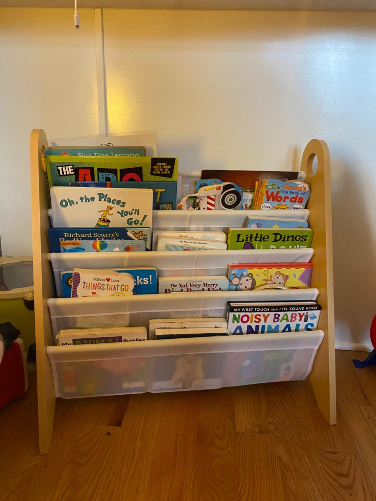 Wildkin Sling Bookshelf for Kids - Modern Wooden Storage with 4 Fabric Shelves & Handles, Organizer for Home or Classroom - Natural White customer photo 2
