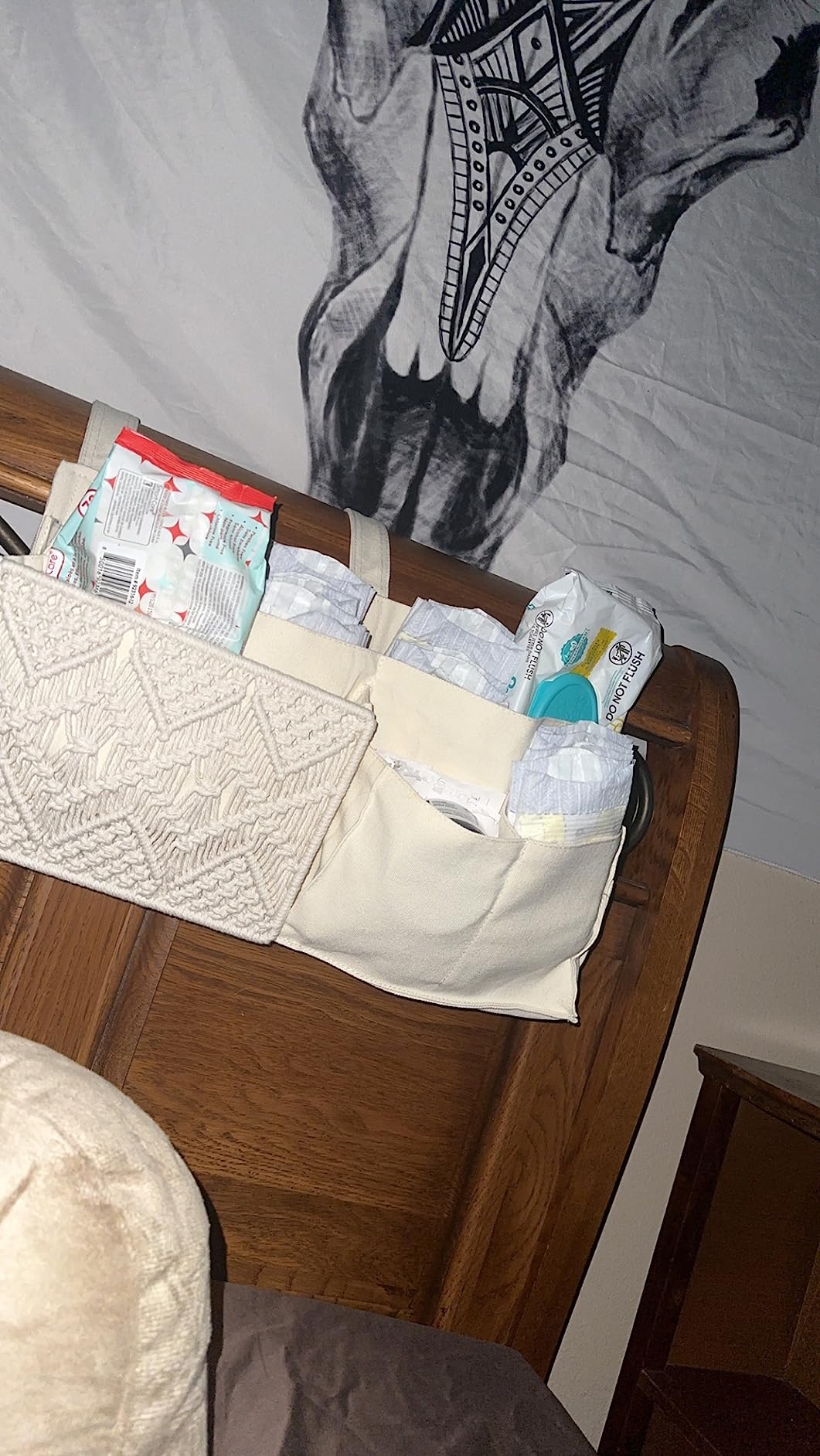 Mkono Bedside Caddy, Macrame Bunk Bed Hanging Organizer, 7 Pockets Ivory | Boho Storage Bag, Remote Books Magazines Phone Snacks Drinks Holder, Bedroom Nursery Loft Baby Bed Rail customer photo 1