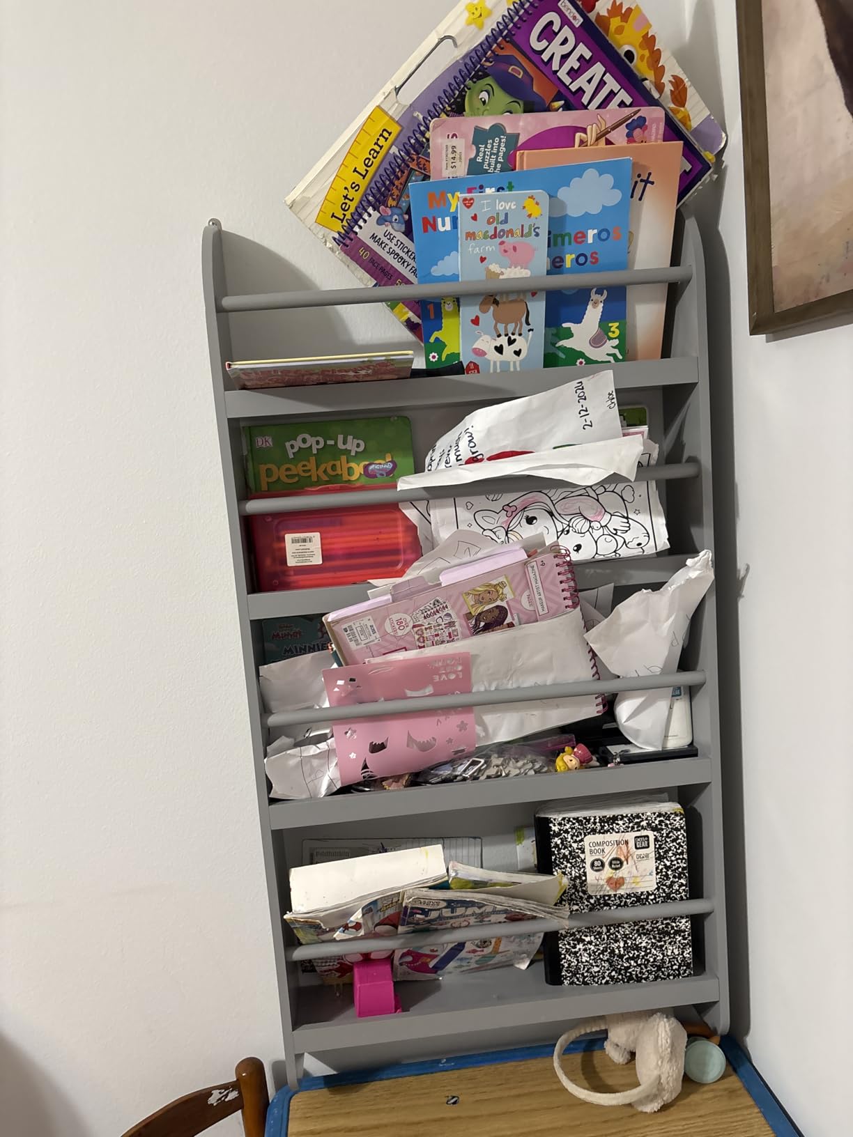 FOTOSOK Kids Bookshelf, Wall Mount 4-Tier Book Shelf Organizer for Toys and Books, Toy Storage Bookshelf in Bedroom, Living Room and Nursery, White customer photo 2