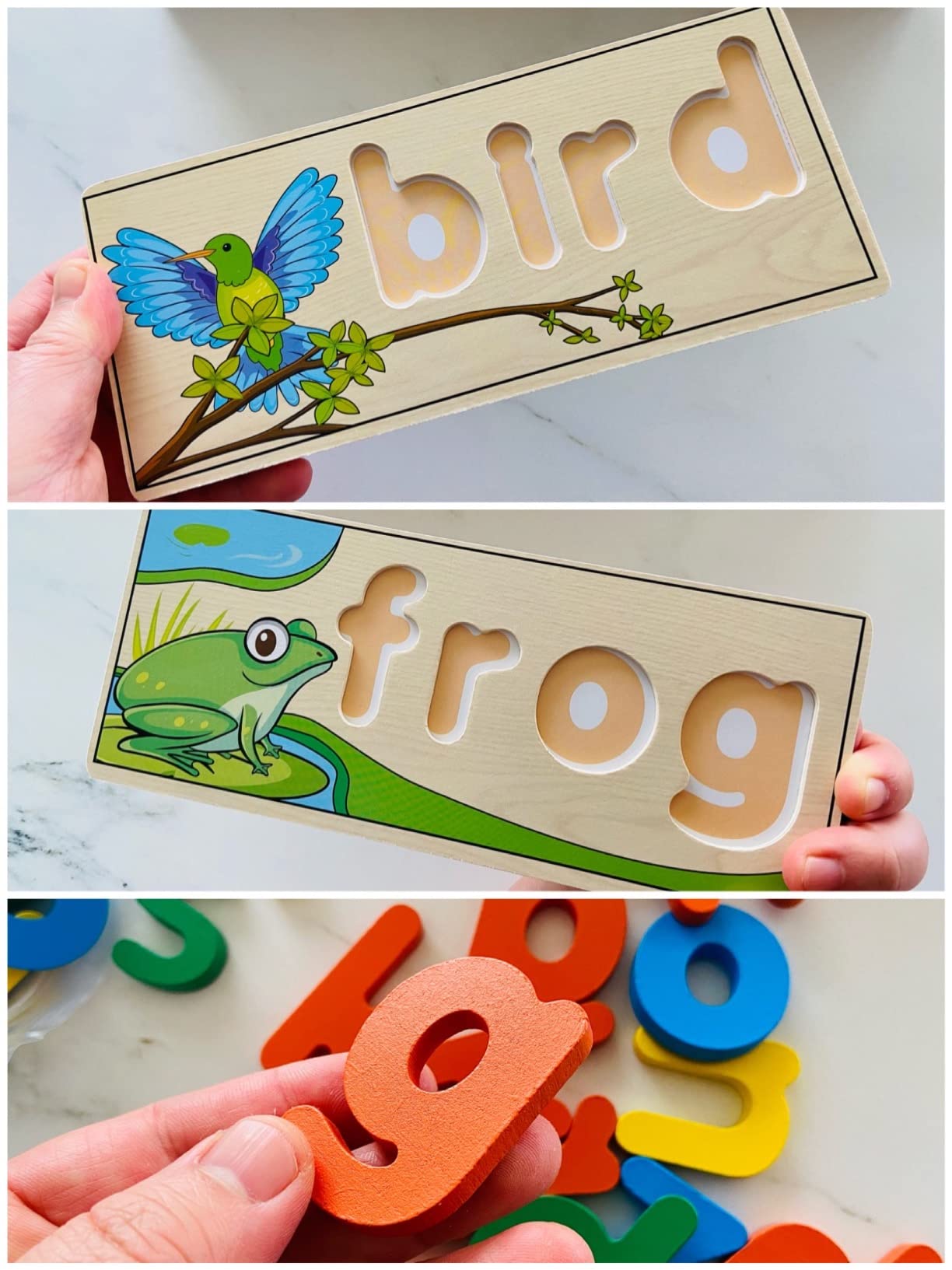 Wooden Spell Learning Toys for 2 3 4 5 Year Old Kids Match Letter Spelling Game Board & Letters & Box, CVC Word Builder Toddler Educational Toy Kindergarten Preschool Learning Activities customer photo 2