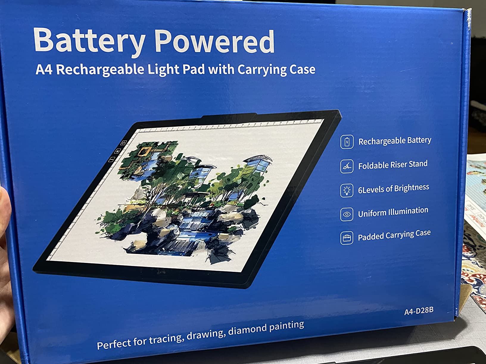 YINGWOND Rechargeable A4 LED Light Pad with Padded Case, Tracing Light Box w/Riser Stands and Paper Clip, 6 Levels of Brightness, Type-c Cable, Wireless Diamond Painting Light Board customer photo 1