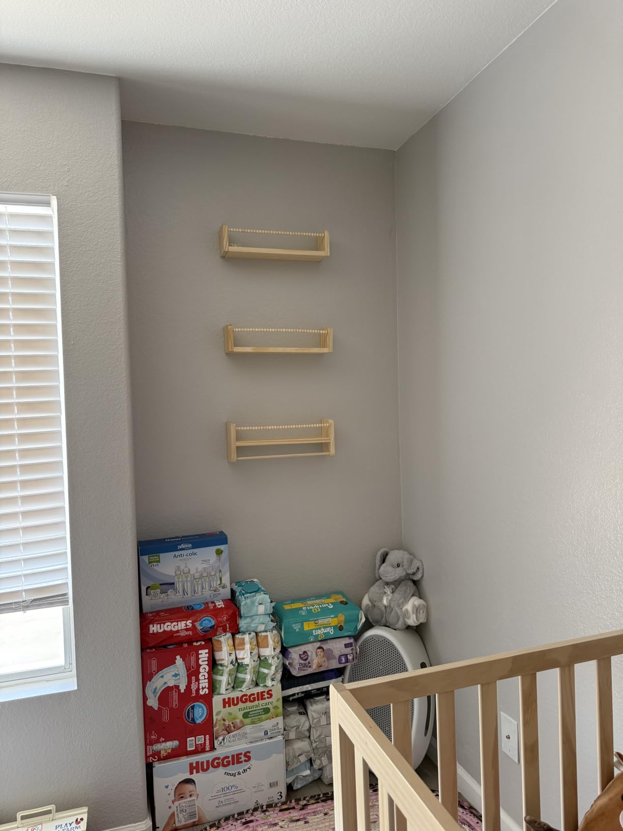 Maxpeuvon Nursery Shelves for Wall Set of 3, Natural Wood Floating Shelves | Kids Bookshelf with Towel Bar, Wall Mounted Organizer and Decor with Beads, for Kids Room, Bedroom and Kitchen customer photo 2
