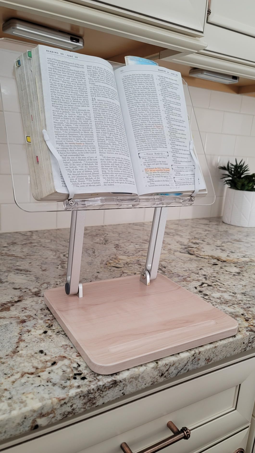 Acrylic Book Stand with Storage Base, Dual Aluminum Arm Reading Holder | Non-Slip Silicone Clips, Hands-Free Reading, Holds Pens & Notes, for Cookbook, Recipe & Textbook customer photo 2