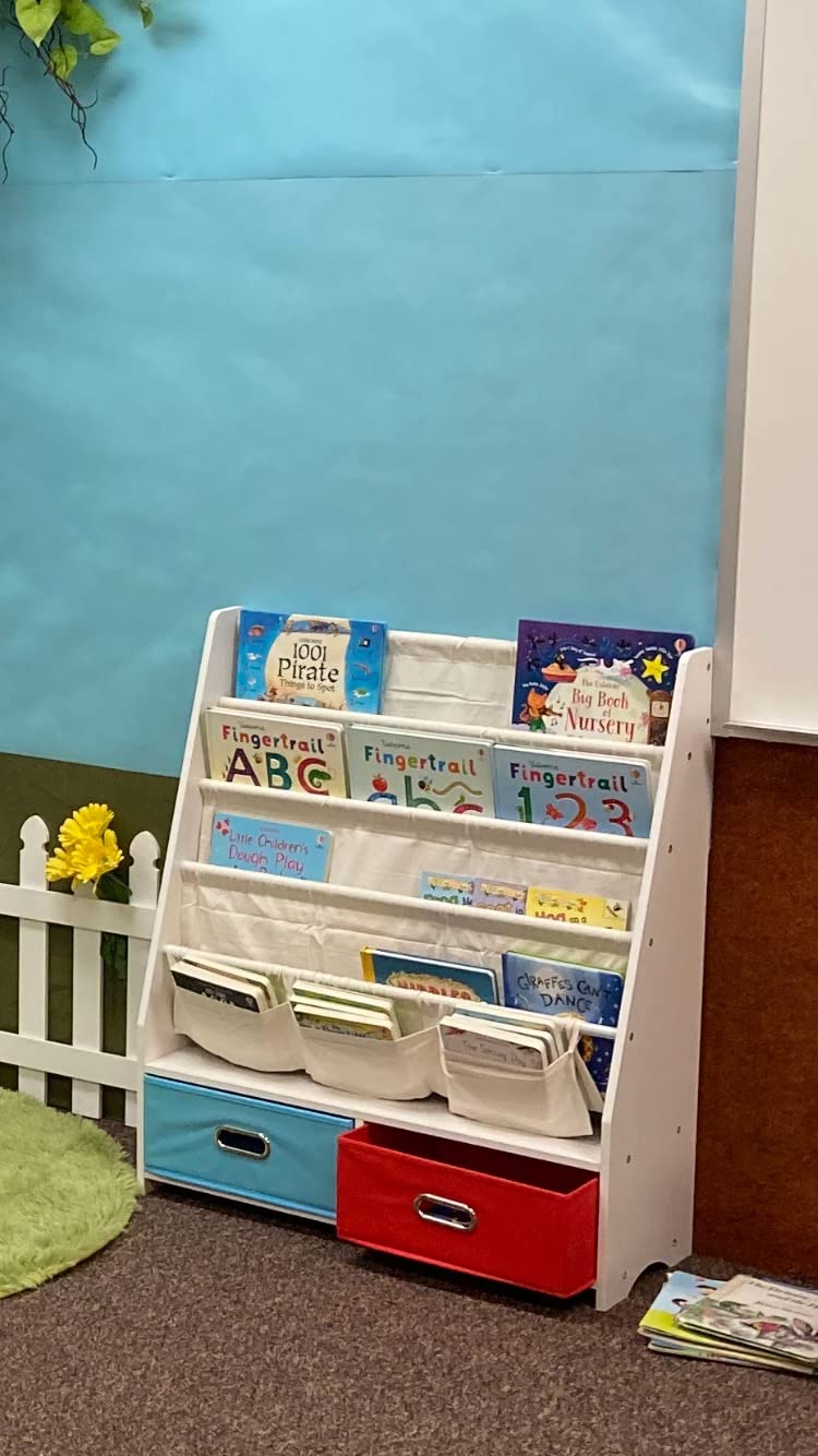 SEIRIONE Sturdy Kids Bookshelf, 4-Tier Book Shelf for Kids Room with Oxford Fabric-Nursery Room Playroom Classroom, Deep Slings to Keep Books Upright, Ideal Height for Toddler Age 3+, Matte White customer photo 1