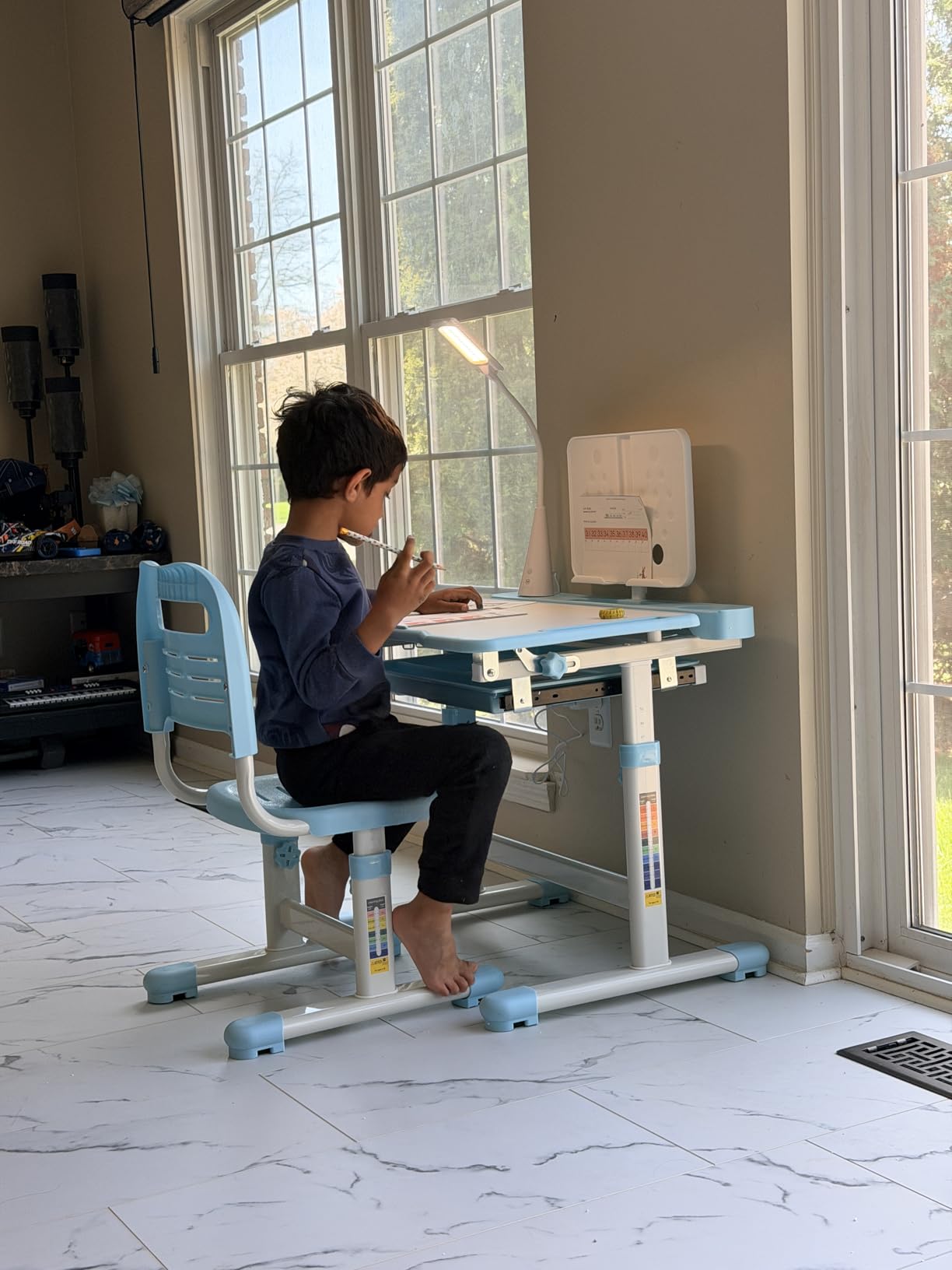 Rengue Kids Desk and Chair Set, Height Adjustable Children School Functional Study Desk with 55° Tiltable Desktop, 3 Modes & Brightness LED Light, Storage Drawer & Metal Hook for Boys Girls (Grey) customer photo 2