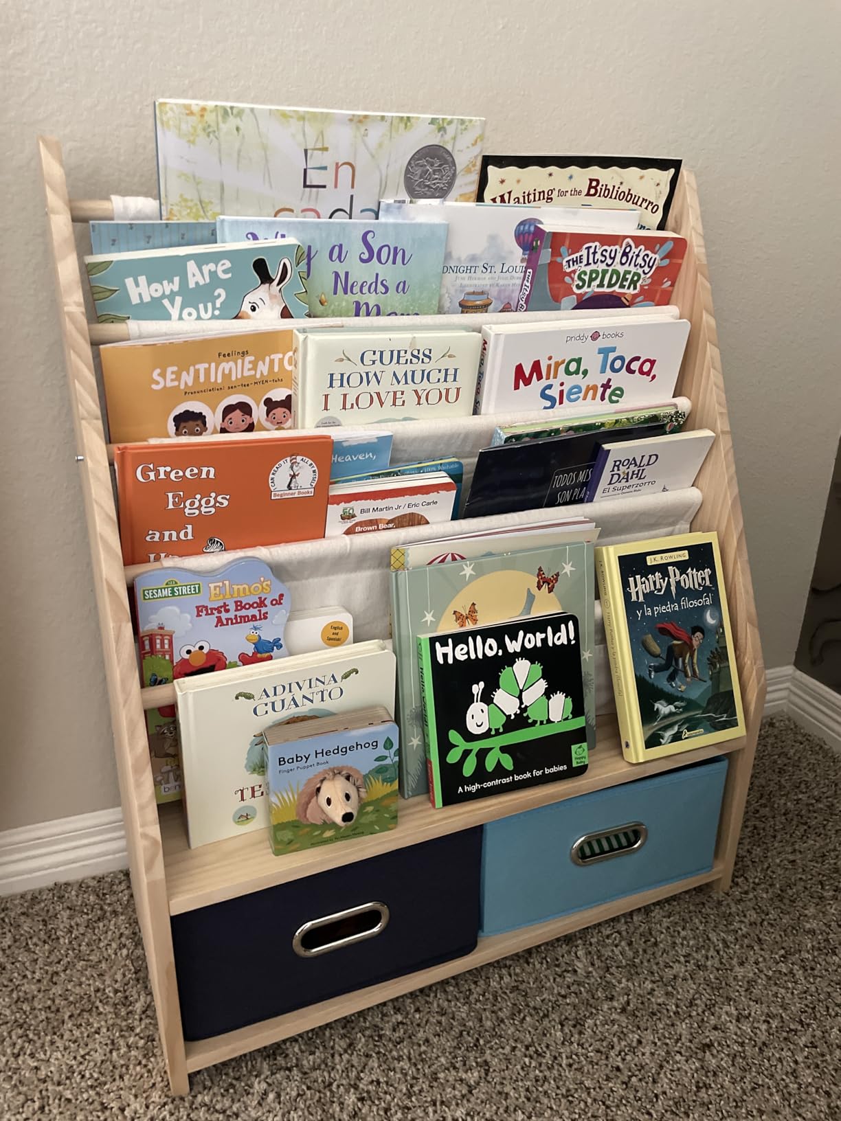 EXPERLAM 4 Tier Kids Bookshelf with Storage Bins, Solid Wood Toddler Book Shelf and Toy Organizer, Sling Book Rack for Kids Room, Nursery, Playroom, Blue customer photo 1