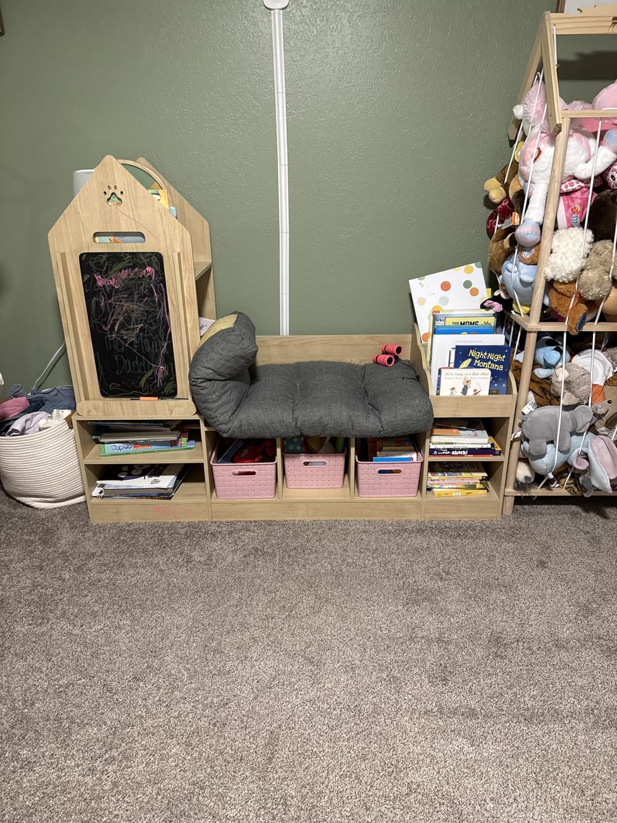 MU Kids Bookshelf with Reading Nook, Wooden Toy Storage Organizer with Chalkboard and Bench, Natural Oak customer photo 1