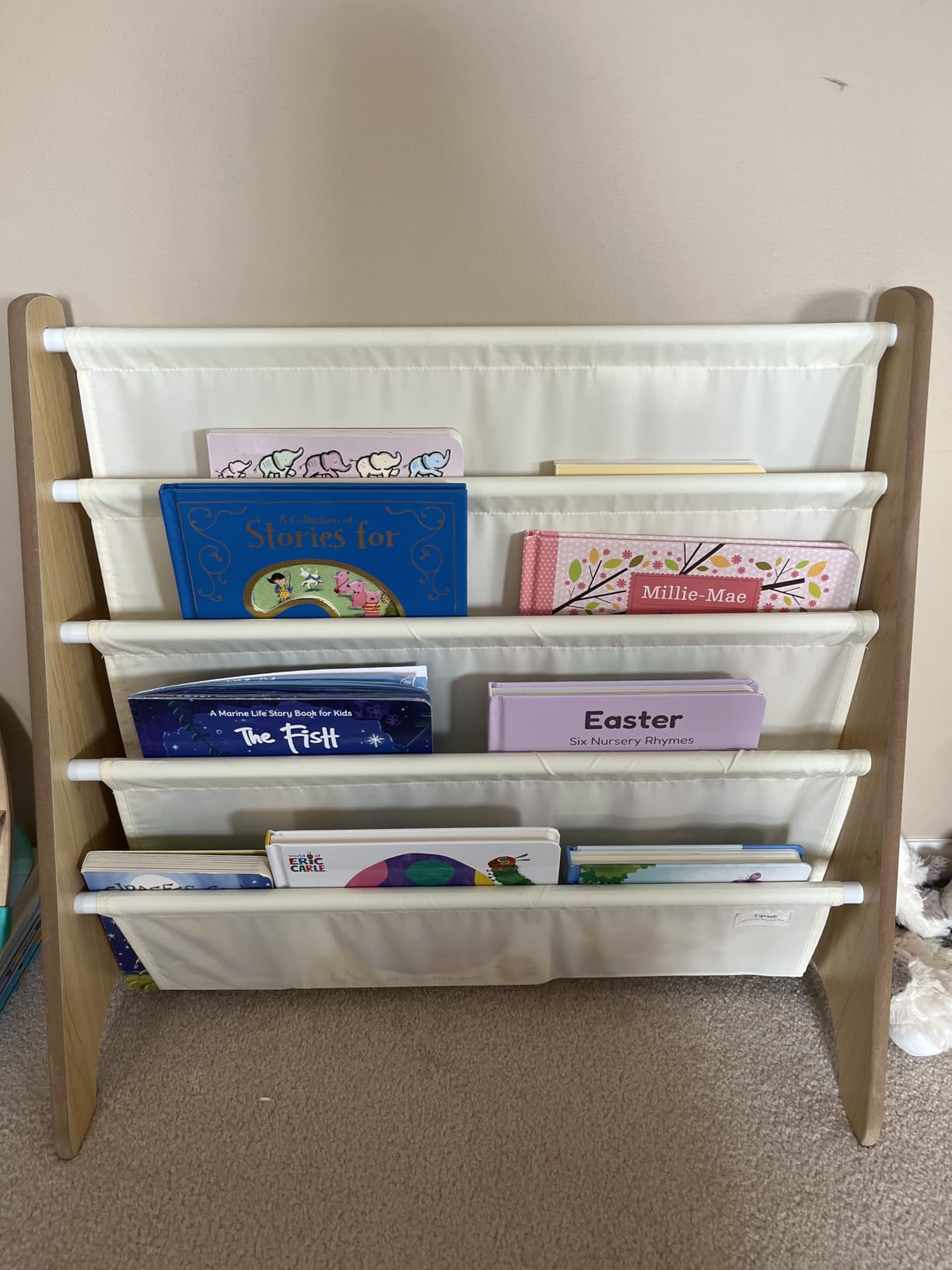 3 Sprouts Recycled Kids Bookshelf, Holds 35 Books, 4-Tier, Beige | Space-saving bookshelf, Children's room, Toddler bookcase organizer, Ages 3+, Book/toy storage, Front-facing, Covers visible customer photo 1