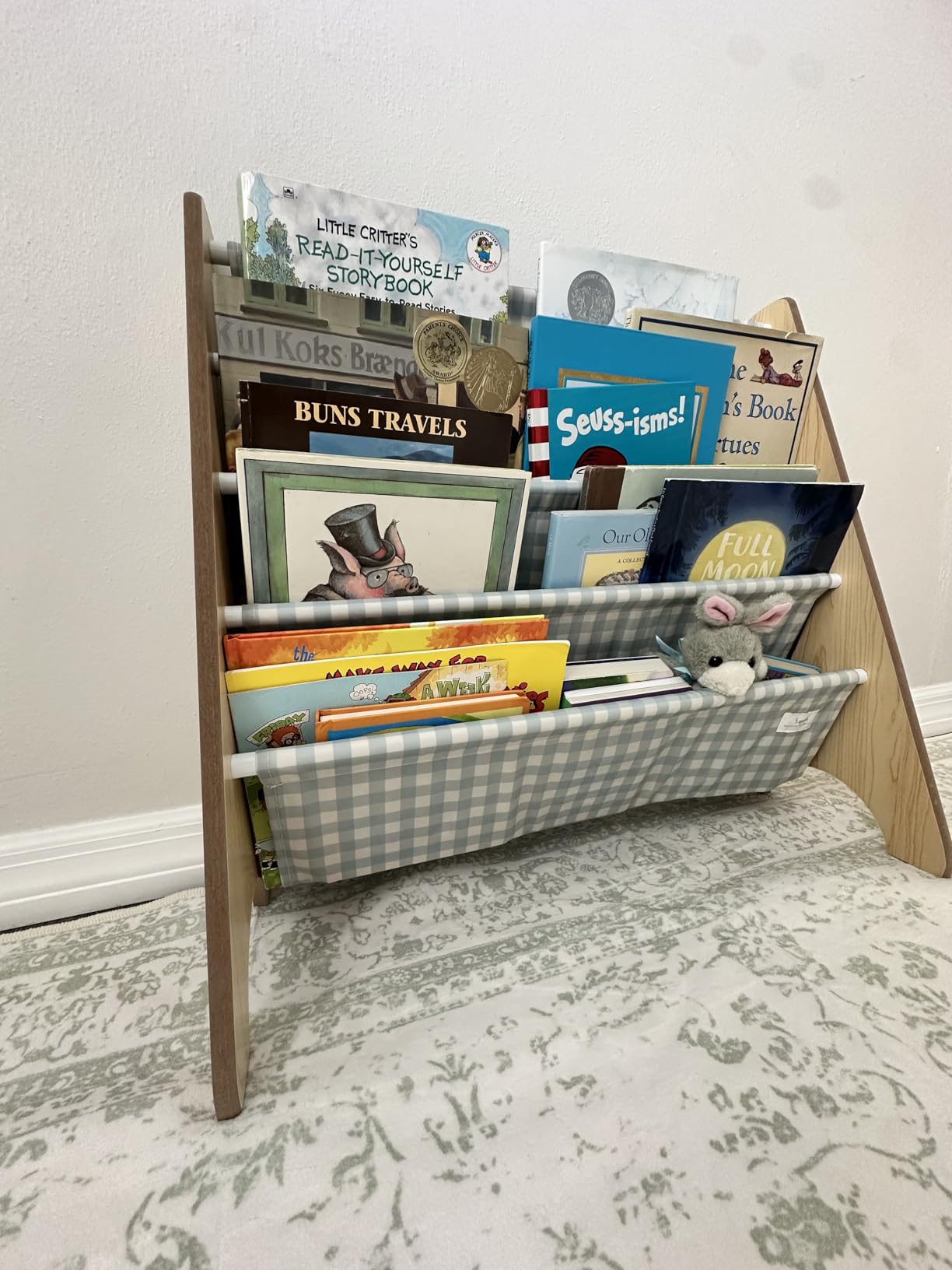 3 Sprouts Recycled Kids Bookshelf, Holds 35 Books, 4-Tier, Beige | Space-saving bookshelf, Children's room, Toddler bookcase organizer, Ages 3+, Book/toy storage, Front-facing, Covers visible customer photo 2