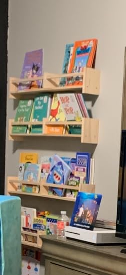 34Inch Nursery Book Shelves Wall Mounted, Floating Book Shelf for Kids Coat Rack with 6 Hooks, Wall Hanging Shelf for Baby Nursery Room Organizer ，Patent Number:US-D1058229-S(4, Light Brown) customer photo 1