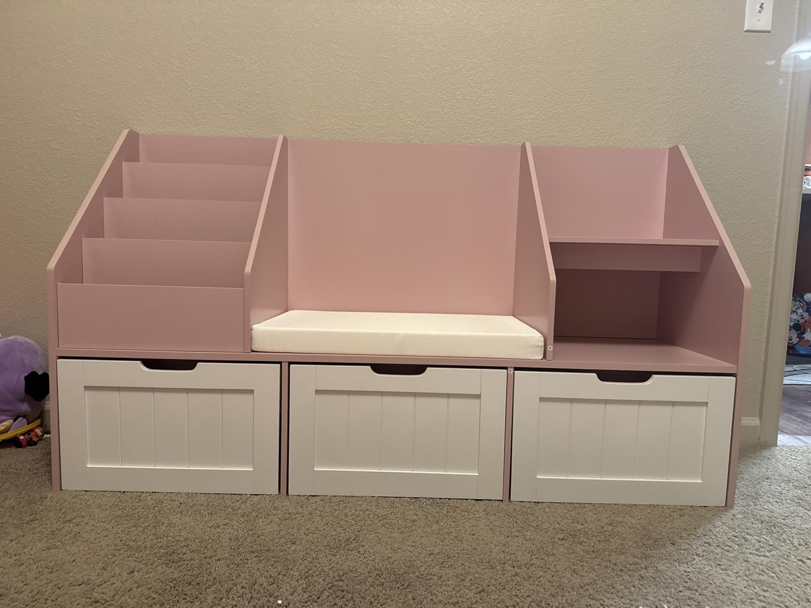 FOTOSOK Kids Bookshelf with Reading Nook, Toy Storage with Seat Cushion | 55.1'' Toy Storage Organizer with 3 Movable Drawers, Kids Reading Nook with Bench for Playroom, Bedroom, Green customer photo 1