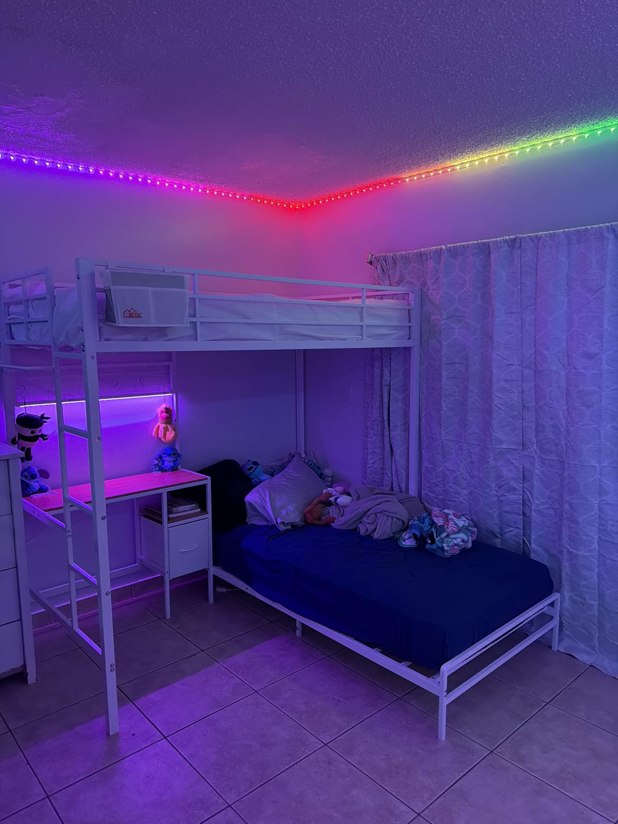 DICTAC Bunk Bed Twin Over Twin with Desk,Led Lights,Charging Station,White customer photo 2