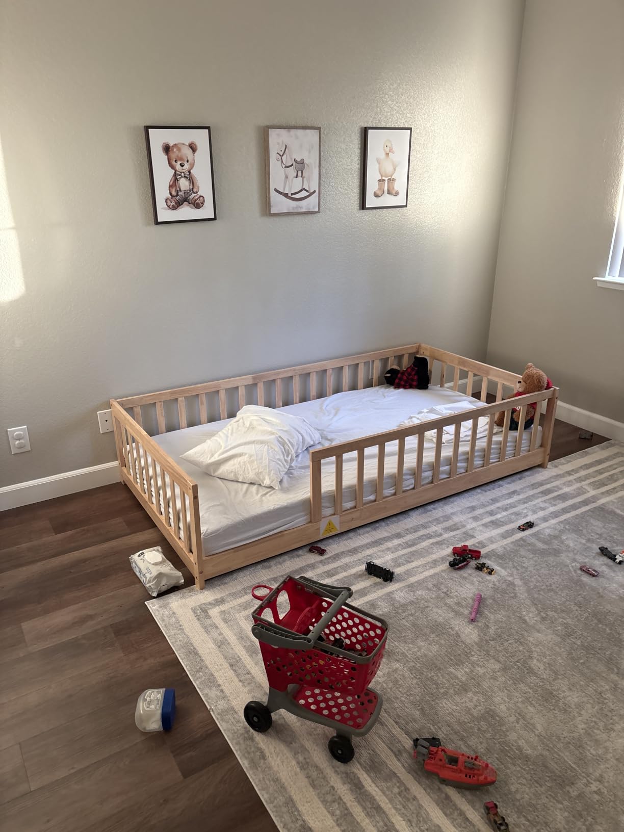Full Size Montessori Floor Bed with Slats, Door and Guardrails, Natural customer photo 1