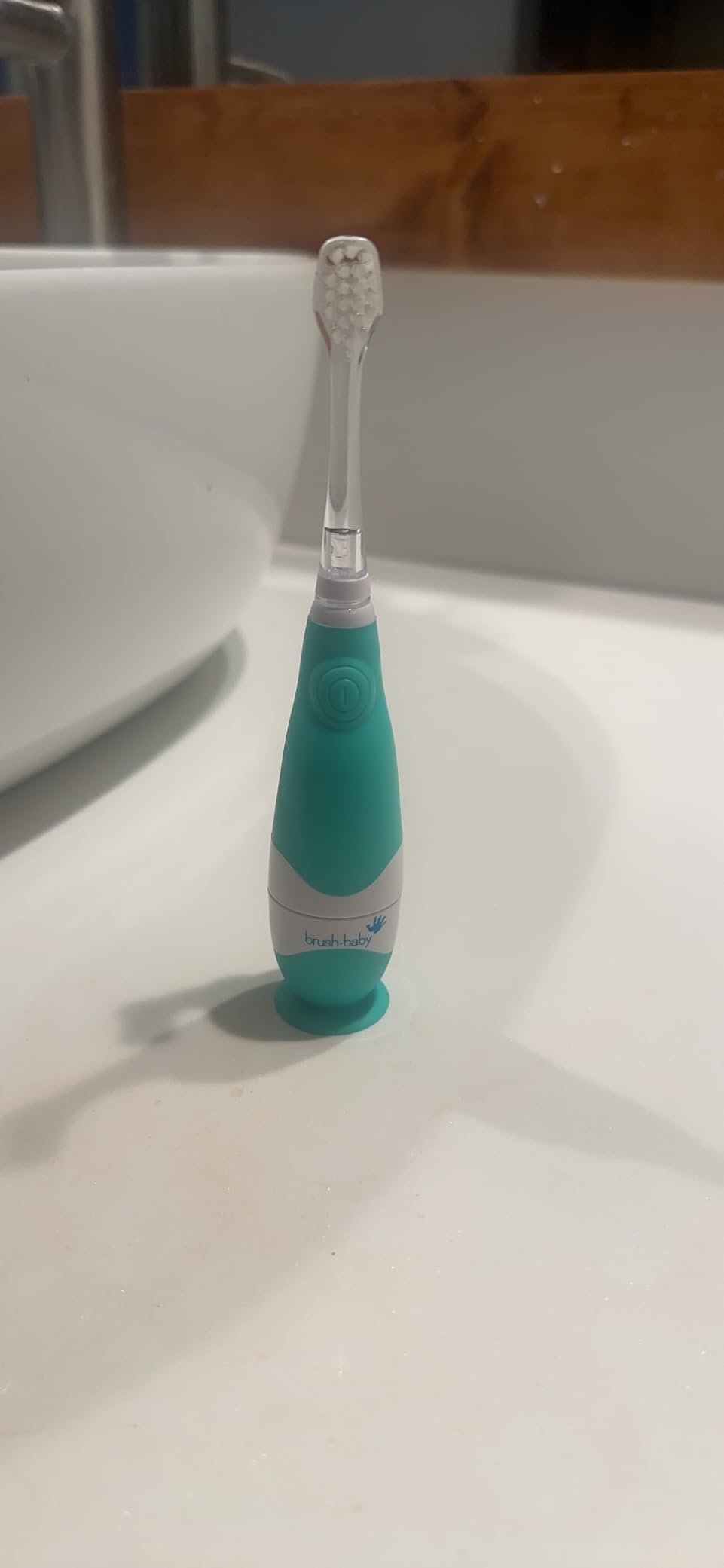 brush-baby BabySonic Infant and Toddler Electric Toothbrush for Ages 0-3 Years - Smart LED Timer and Gentle Vibration Provide a Fun Brushing Experience - Includes 2 Sensitive Brush Heads (Teal) customer photo 2