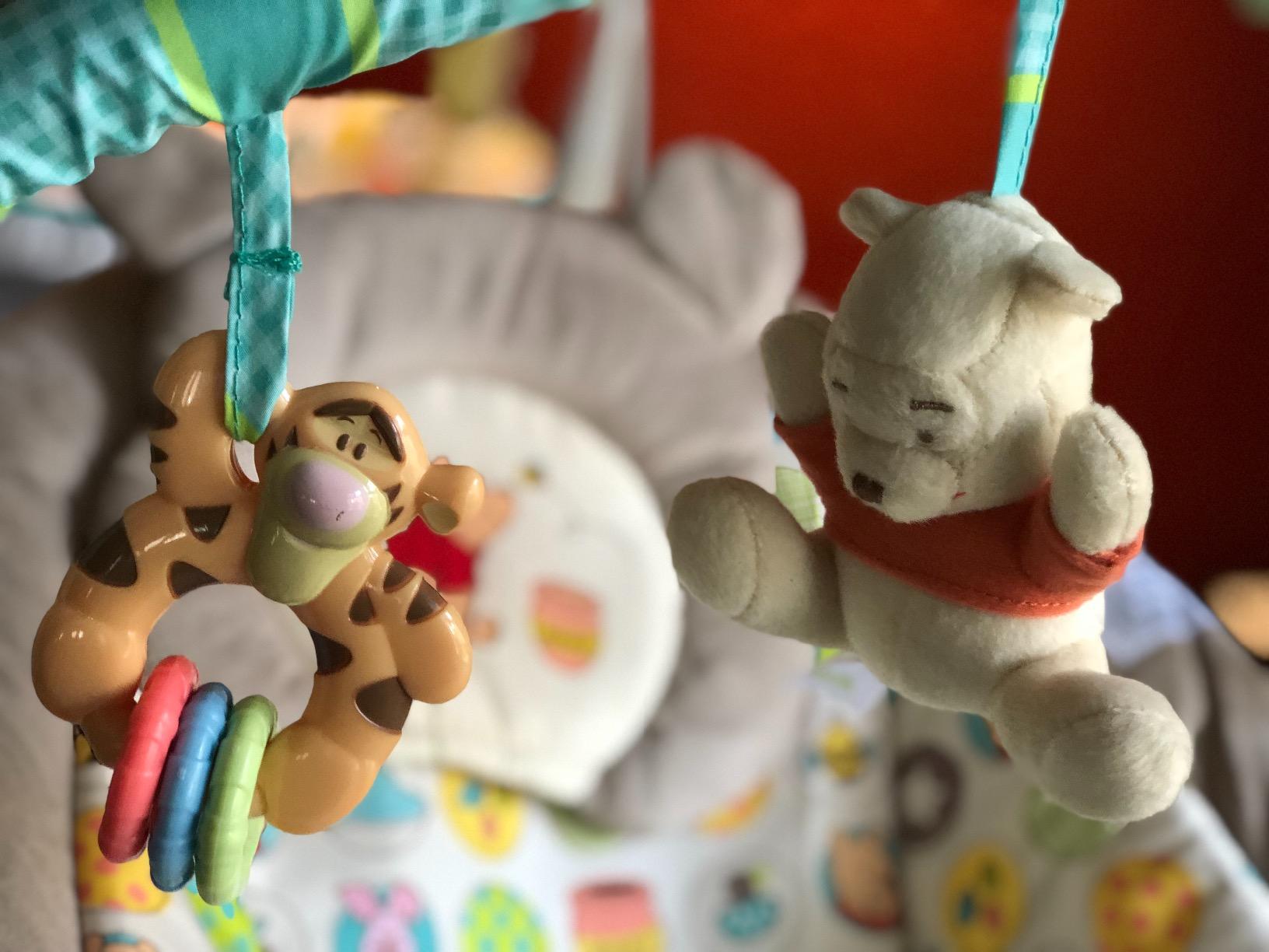 Bright Starts Disney Baby Winnie The Pooh Baby Bouncer Soothing Vibrations Deluxe Infant Seat - Faux Suede, Music, Removable -Toy Bar, 0-6 Months 6-20 lbs (Dots & Hunny Pots) customer photo 1