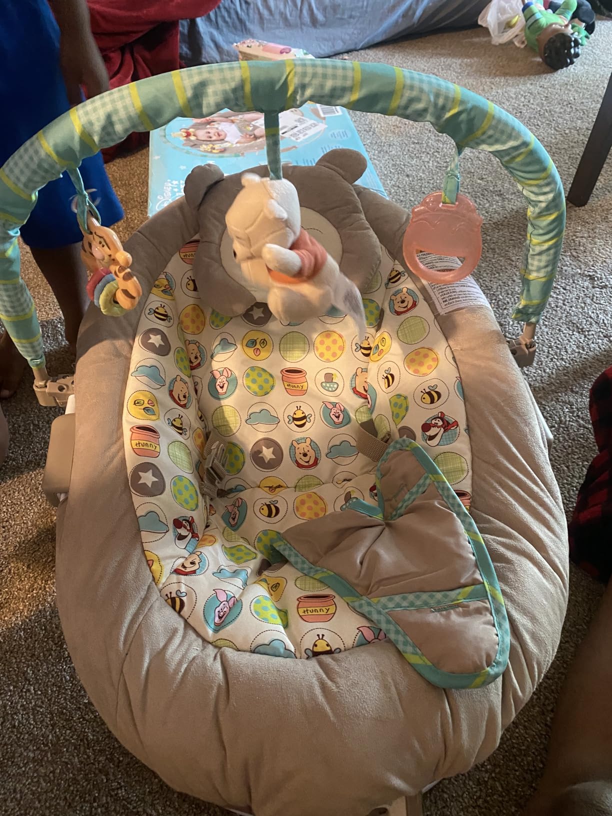 Bright Starts Disney Baby Winnie The Pooh Baby Bouncer Soothing Vibrations Deluxe Infant Seat - Faux Suede, Music, Removable -Toy Bar, 0-6 Months 6-20 lbs (Dots & Hunny Pots) customer photo 2
