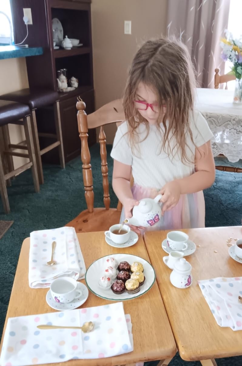 Alex Chasing Butterflies Ceramic Kids Tea Set, 13 Piece,Includes 4 teacups, 4 saucers, tea pot with lid, sugar bowl with lid and creamer customer photo 1