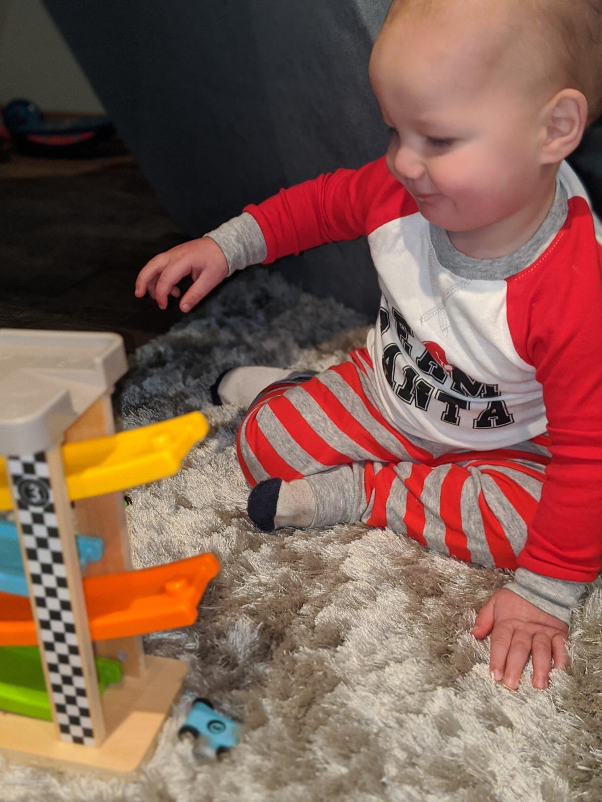 Toddler Toys for 1 2 Year Old Boy and Girl Gifts Wooden Race Track | Wooden ramp racer with 4 numbered mini cars and top parking; for indoor play, visual tracking, turn-taking, and repeat play customer photo 1
