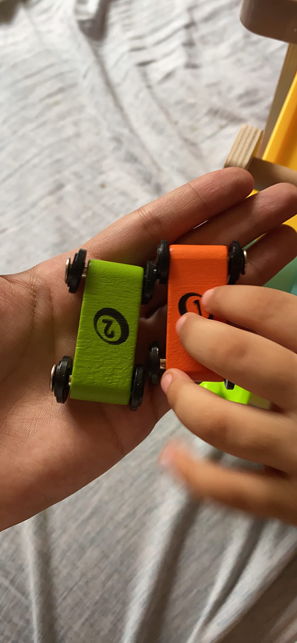 Toddler Toys for 1 2 Year Old Boy and Girl Gifts Wooden Race Track | Wooden ramp racer with 4 numbered mini cars and top parking; for indoor play, visual tracking, turn-taking, and repeat play customer photo 2