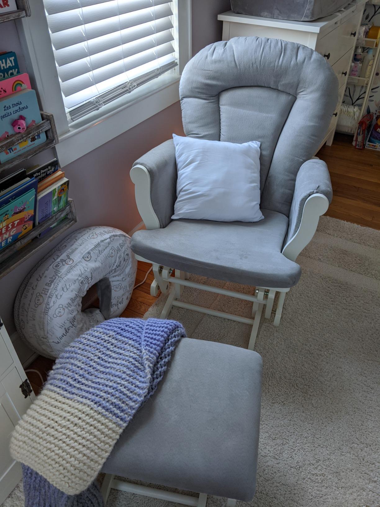 Child Craft Cozy Glider Rocker and Ottoman Set, Smooth Quiet Gliding Motion, Padded Cushion with Convenient Storage Pockets, Solid Wood Base & Frame (Matte White with Light Gray Cushion) customer photo 1