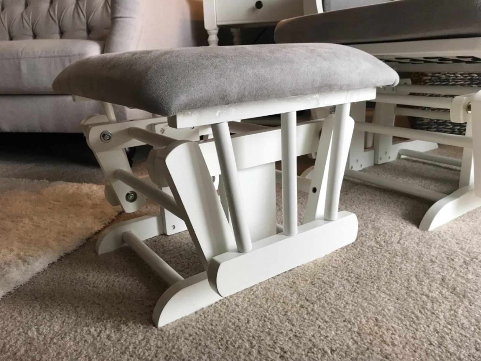 Child Craft Cozy Glider Rocker and Ottoman Set, Smooth Quiet Gliding Motion, Padded Cushion with Convenient Storage Pockets, Solid Wood Base & Frame (Matte White with Light Gray Cushion) customer photo 2