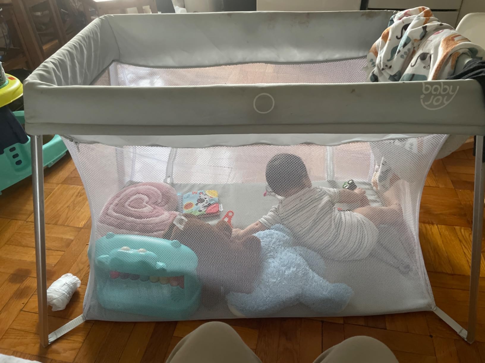 BABY JOY 2 in 1 Travel Crib with Side Zipper, Portable Baby Playard with Soft Washable Mattress, Installation-Free Home Playard with Carry Bag for Airplane, Lightweight Playpen for Infants &Toddlers customer photo 1