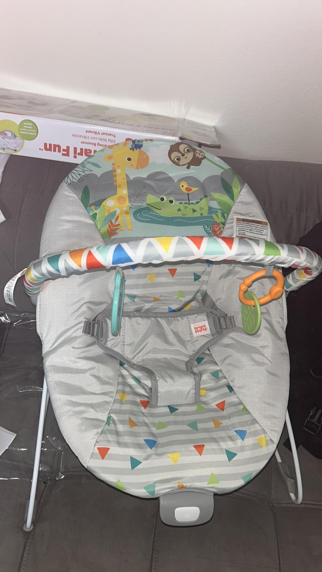 Bright Starts Baby Bouncer Soothing Vibrations Infant Seat - Removable -Toy Bar, Nonslip Feet, 0-6 Months Up to 20 lbs (Safari Fun) customer photo 2