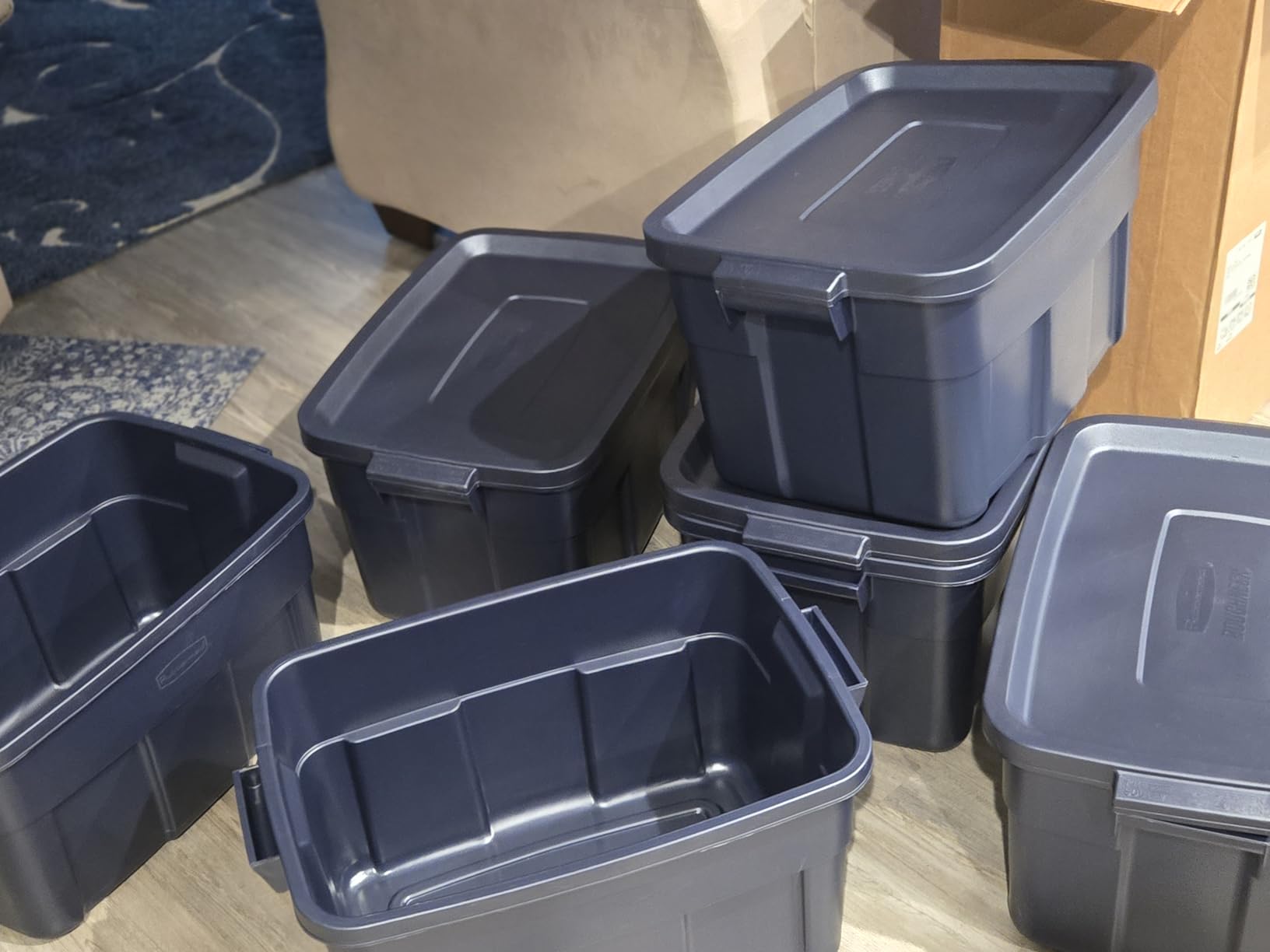 Rubbermaid Roughneck Tote 10 Gal, 8 Pack, Made in USA, Dark Indigo Metallic, Rugged Plastic Stackable Storage Bins with Lids and Handles customer photo 2