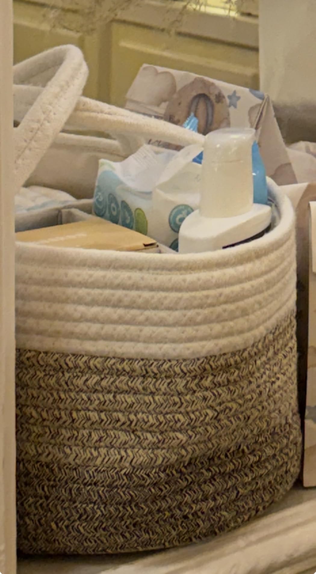 luxury little Diaper Caddy Organizer, Large Cotton Rope Nursery Baby Basket, Changing Table Organizer for Baby Diaper Storage, Portable Car Organizer Removable Divider (Off White, Large) customer photo 2