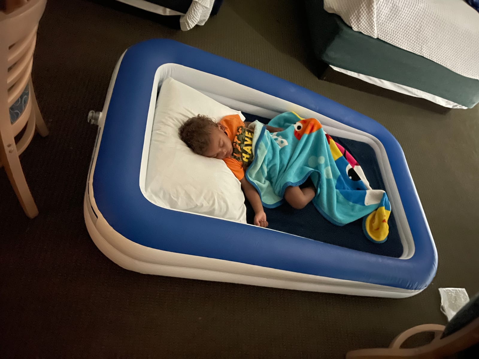 EnerPlex Kids Inflatable Travel Bed with High Speed Pump, Portable Blow up Toddler Air Mattress with Sides – Built-in Safety Bumper - Blue customer photo 1