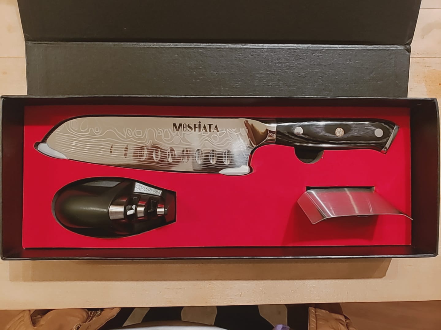 MOSFiATA Santoku Knife- 7 Inch Vegetable Knife Ultra Sharp Chopping Knife- Forged EN.4116 German Steel- Including Sheath,Finger Guard,Knife Sharpener,Full Tang,Best Gifts with Handmade Gift Box customer photo 2