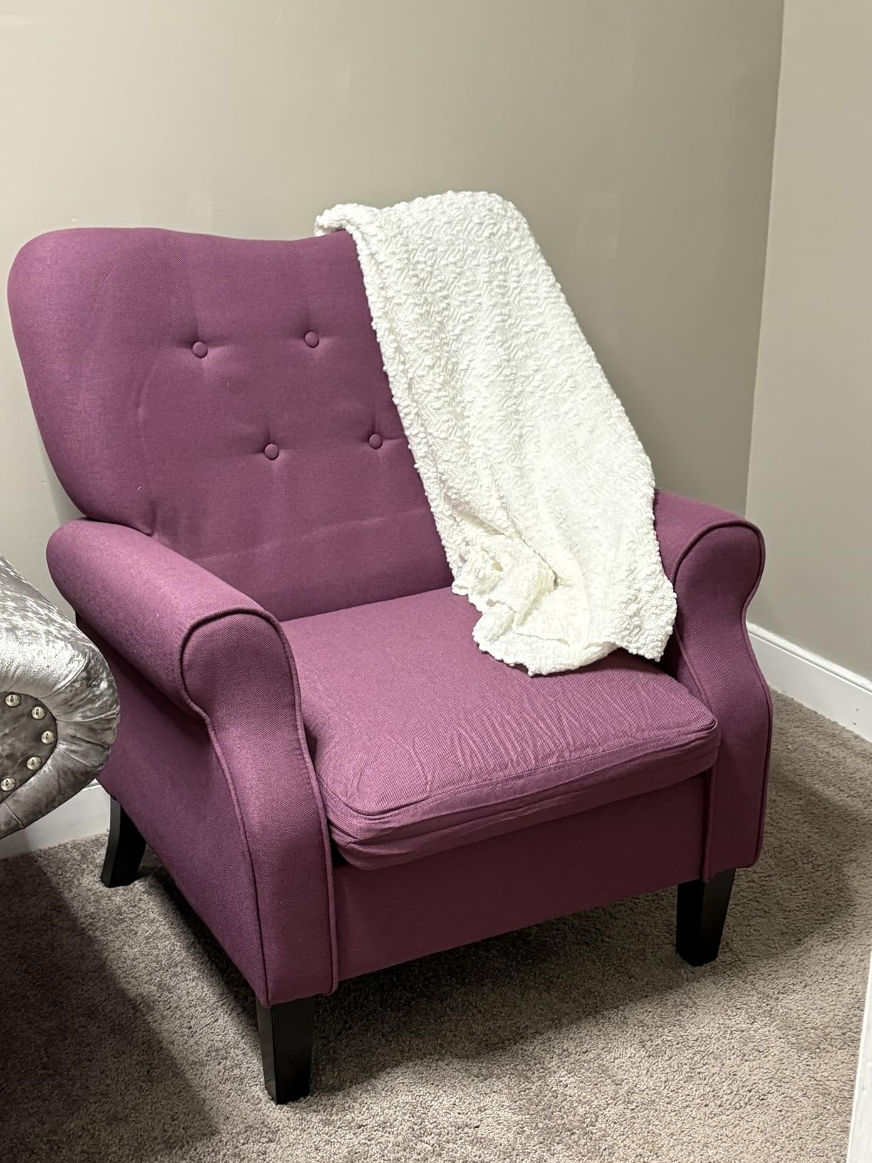 YOLENY Modern Accent Chair,High Back Armchair,Upholstered Fabric Button Single Sofa with Wooden Legs for Living Room,Bedroom,Blue Leaves customer photo 1