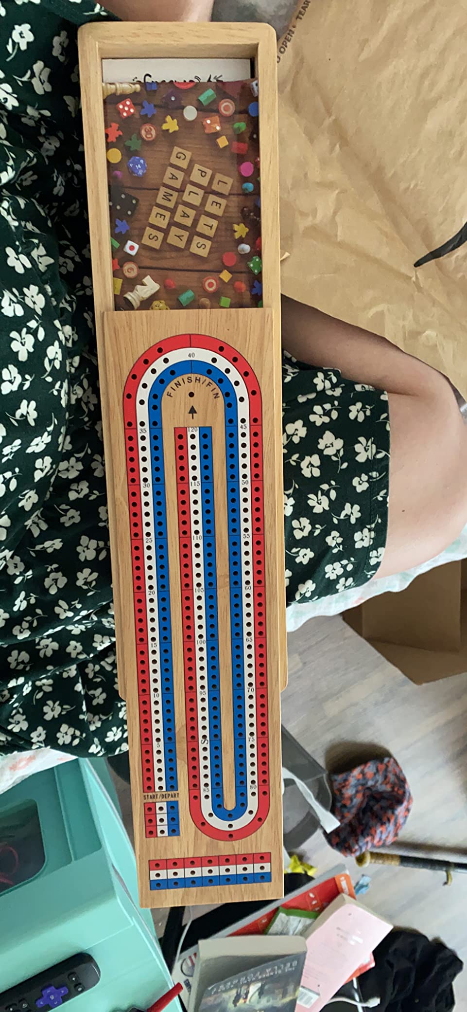 Cribbage Board Game Set with Large Storage Area, Solid Wood 3 Track Cribbage Board, 9 Metal Pegs, 2 Playing Cards and Instruction. Portable Travel Board Game for All Ages. customer photo 2