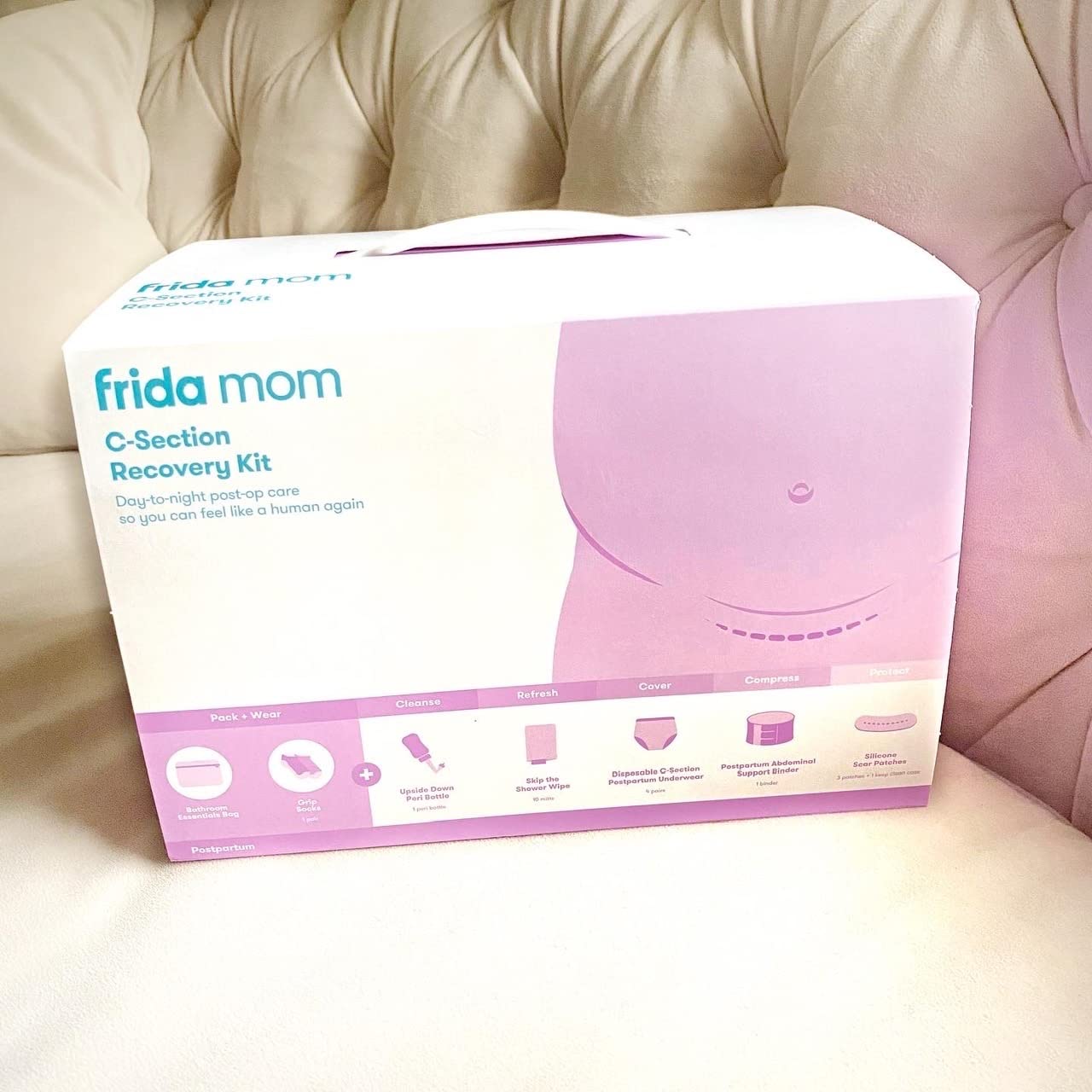 Frida Mom C-Section Recovery Must Have Kit for Labor, Delivery, & Postpartum, Socks, Peri Bottle, Disposable Underwear, Abdominal Support Binder, Shower Wipes, Silicone Scar Patches, & Toiletry Bag customer photo 2
