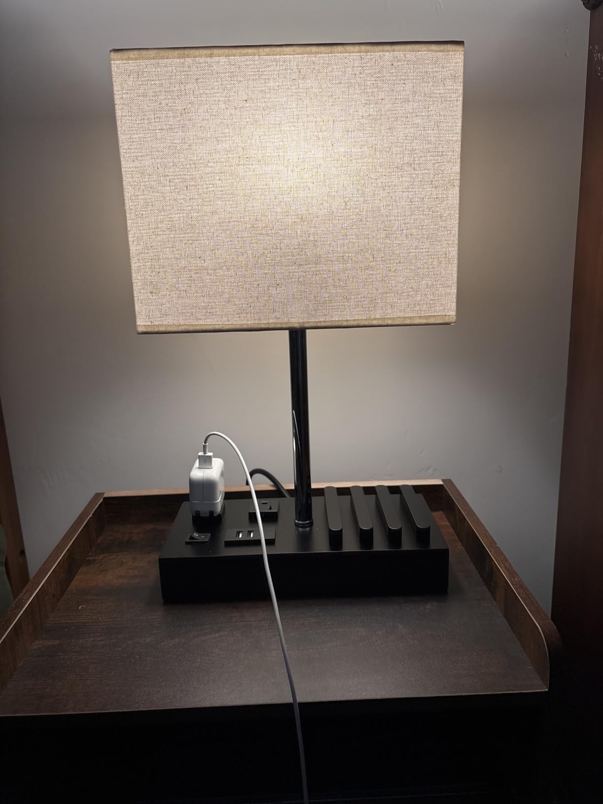 Briever USB Table Lamp, Multi-Functional Desk Lamp with 2 AC Outlets, Bedside Lamp with 3 USB Charging Ports and Wooden Phone Stands, Nightstand Lamp for Bedroom, Livingroom, Office, Linen Shade customer photo 1