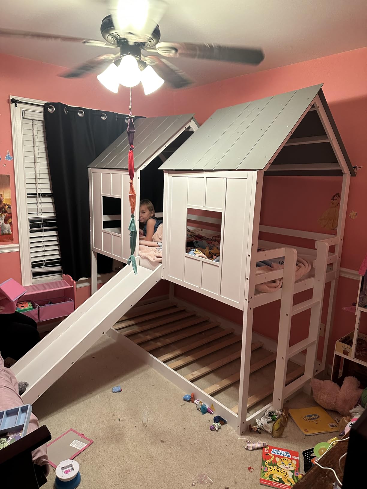 Polibi Slide Wooden Bunk Bed with Windows, Ladder, Guardrails and Twin Size in White customer photo 1