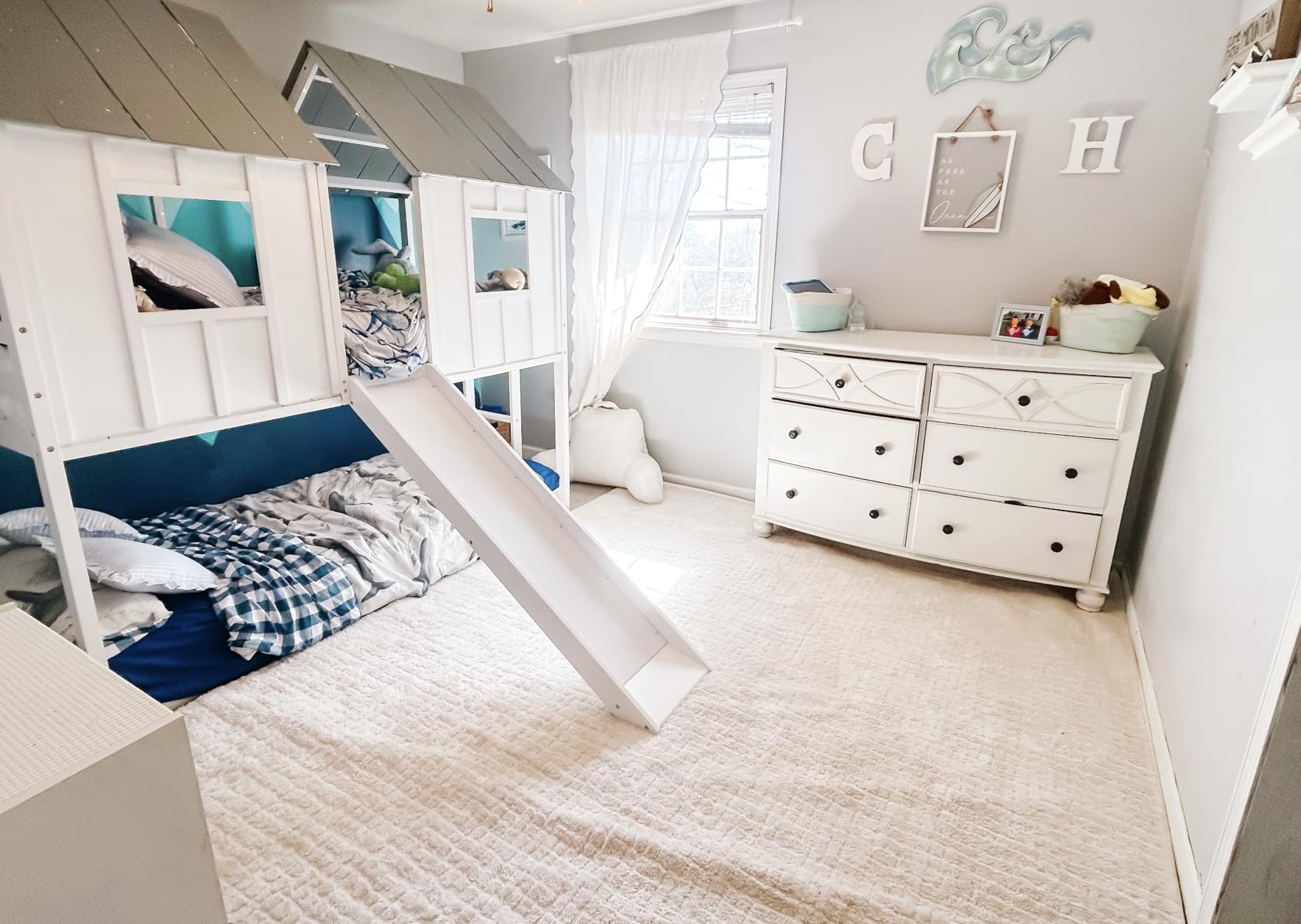 Polibi Slide Wooden Bunk Bed with Windows, Ladder, Guardrails and Twin Size in White customer photo 2