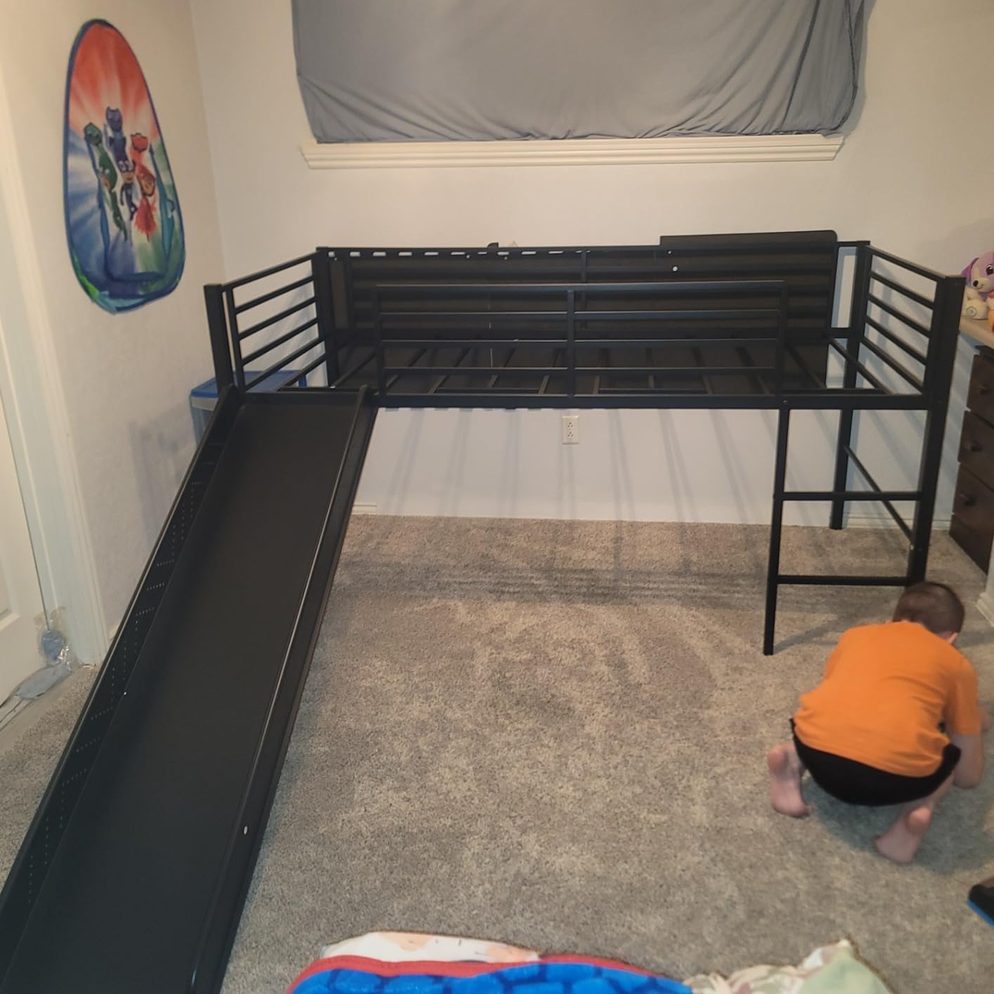 GIANTEX Twin Loft Bed with Slide, Metal Low Bunk Bed w/Safety Guardrails & Built-in Ladder, Toddler Bed Floor Frame for Boys & Girls, No Box Spring Needed (Black) customer photo 2