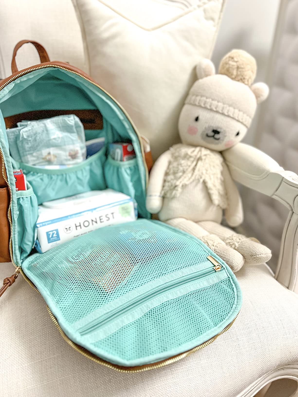 MOMINSIDE Small Diaper Bag Backpack, Mini Diaper Bag with 11 Pockets, Leather diaper backpack, Baby Diaper Bag for Baby Girls, 2 Insulated Pockets, Stroller Straps (Brown) customer photo 1