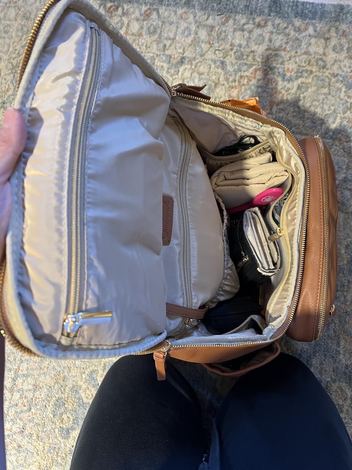 Omanmoli Diaper Bag Backpack Large Baby Diaper Bag Leather with 17 Diaper Bag Organizing Pouches,Changing Pad,Stroller Straps,4 Insulated Pockets,Brown customer photo 1