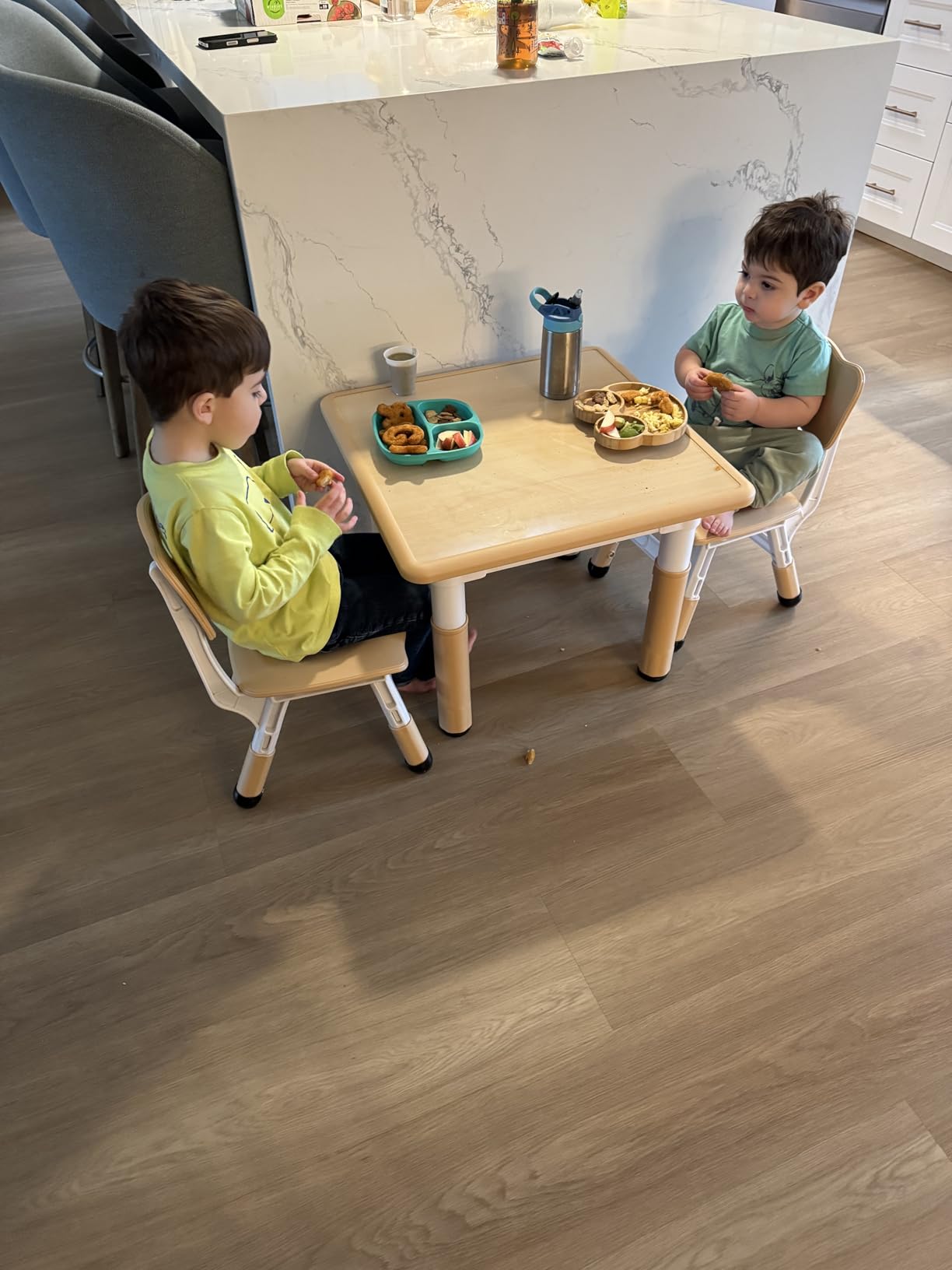 FUNLIO Kids Table and 2 Chairs Set, Height Adjustable Toddler Table and Chair Set for Ages 3-8, Easy to Wipe Arts & Crafts Table, for Classrooms/Daycares/Homes, CPC & CE Approved (3pcs Set) - Gray customer photo 2