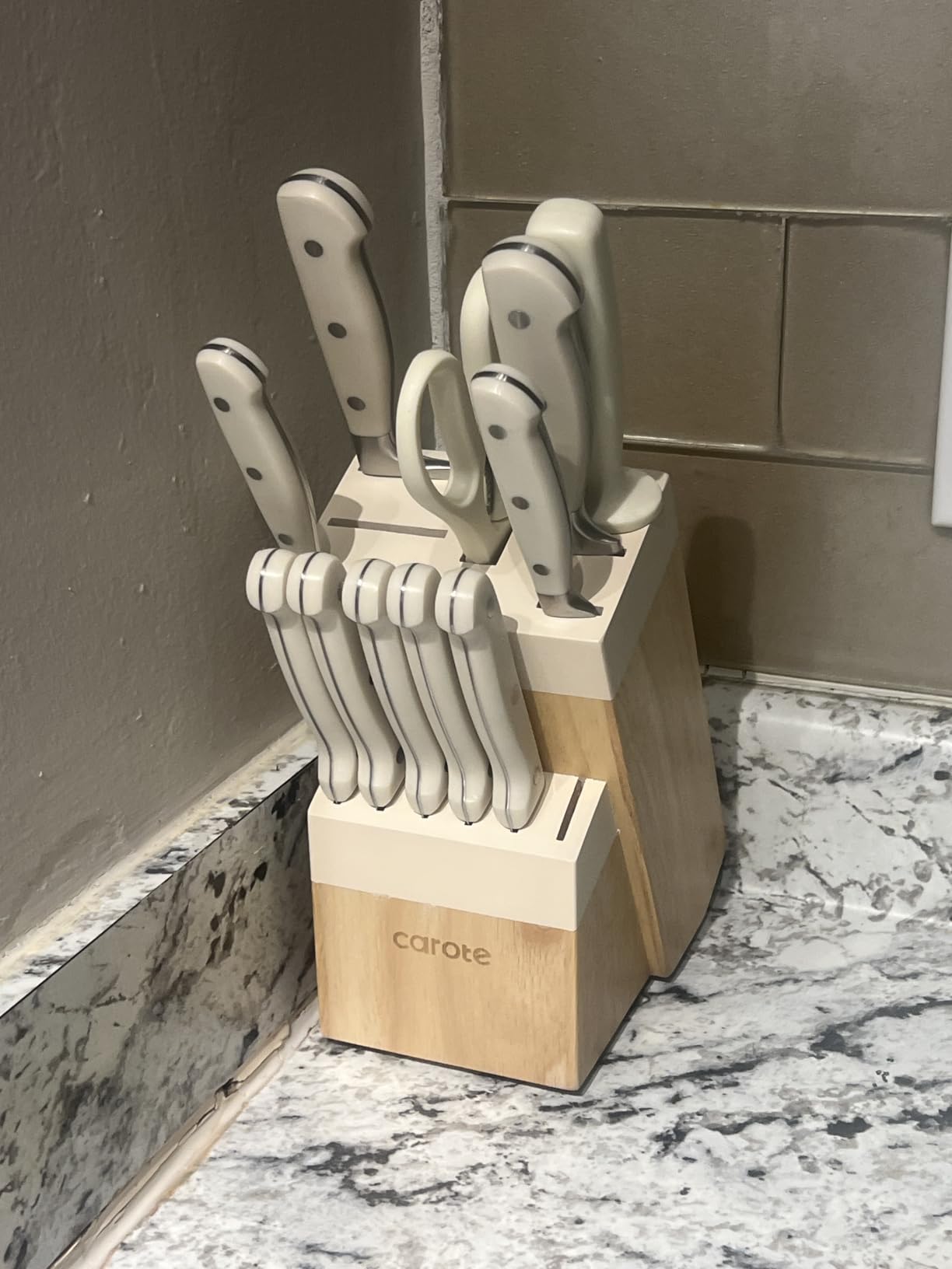 CAROTE 14-Piece Knife Set with Wood Block, Rust-Resistant, Cream customer photo 2