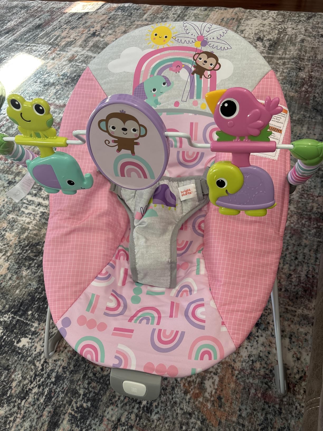 Bright Starts Pink Paradise Portable Baby Bouncer with Vibrating Infant Seat and -Toy Bar, Max Weight 20 lbs., Age 0-6 Months customer photo 2