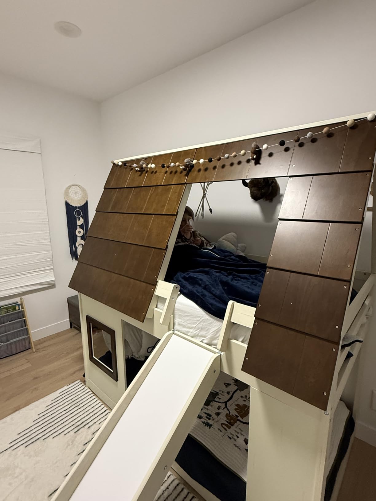 Merax Twin Over Twin House Bunk Bed Frame with Roof,Window,Ladder and Slide for Boys Girls, White & Brown customer photo 2