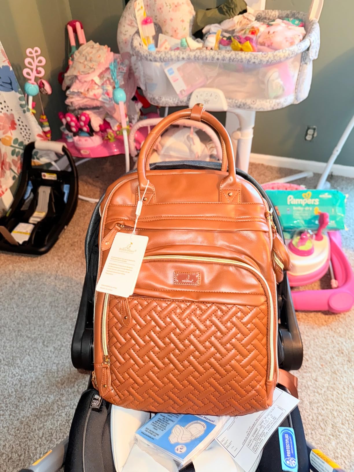 BabbleRoo Leather Diaper Bag Backpack - Baby Essentials Travel Baby Bag, Multi function, Water Resistant, with Changing Pad, Stroller Straps & Pacifier Case – Unisex, Natural Brown customer photo 1