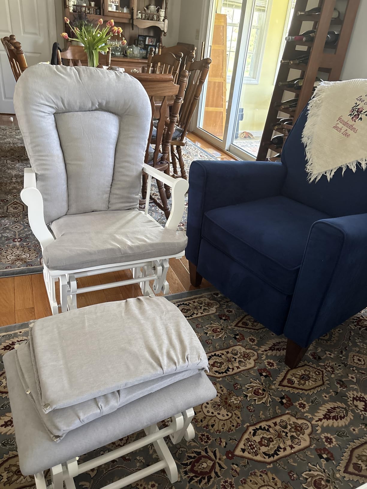Child Craft Cozy Glider Rocker and Ottoman Set, Smooth Quiet Gliding Motion, Padded Cushion with Convenient Storage Pockets, Solid Wood Base & Frame (Matte White with Gray Cushion) customer photo 1