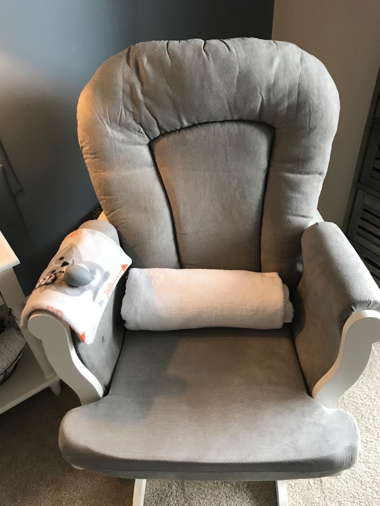 Child Craft Cozy Glider Rocker and Ottoman Set, Smooth Quiet Gliding Motion, Padded Cushion with Convenient Storage Pockets, Solid Wood Base & Frame (Matte White with Gray Cushion) customer photo 2